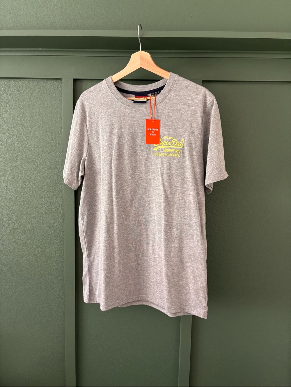 Superdry Grey Short-Sleeve Crewneck T-Shirt with Yellow Chest Logo